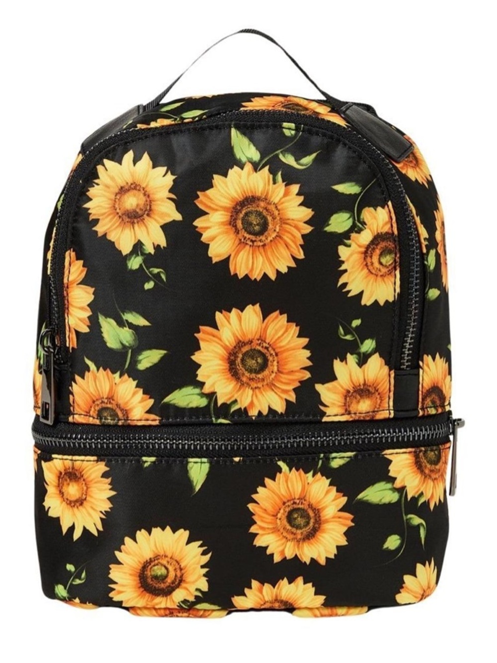 Black Sunflower Print Mini Backpack Purse Bag With Adjustable Strap & Top Handle